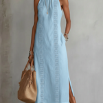 Light blue linen midi dress with Mao collar, sleeveless, embroidered front panel, side slit