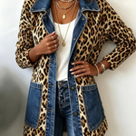 Leopard-print long denim jacket with blue front panels and flap chest pockets