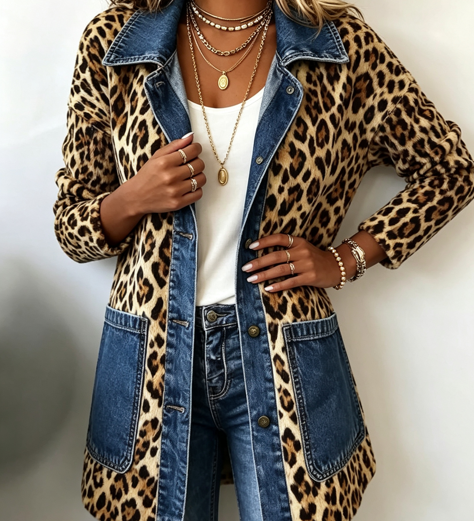 Leopard-print long denim jacket with blue front panels and flap chest pockets