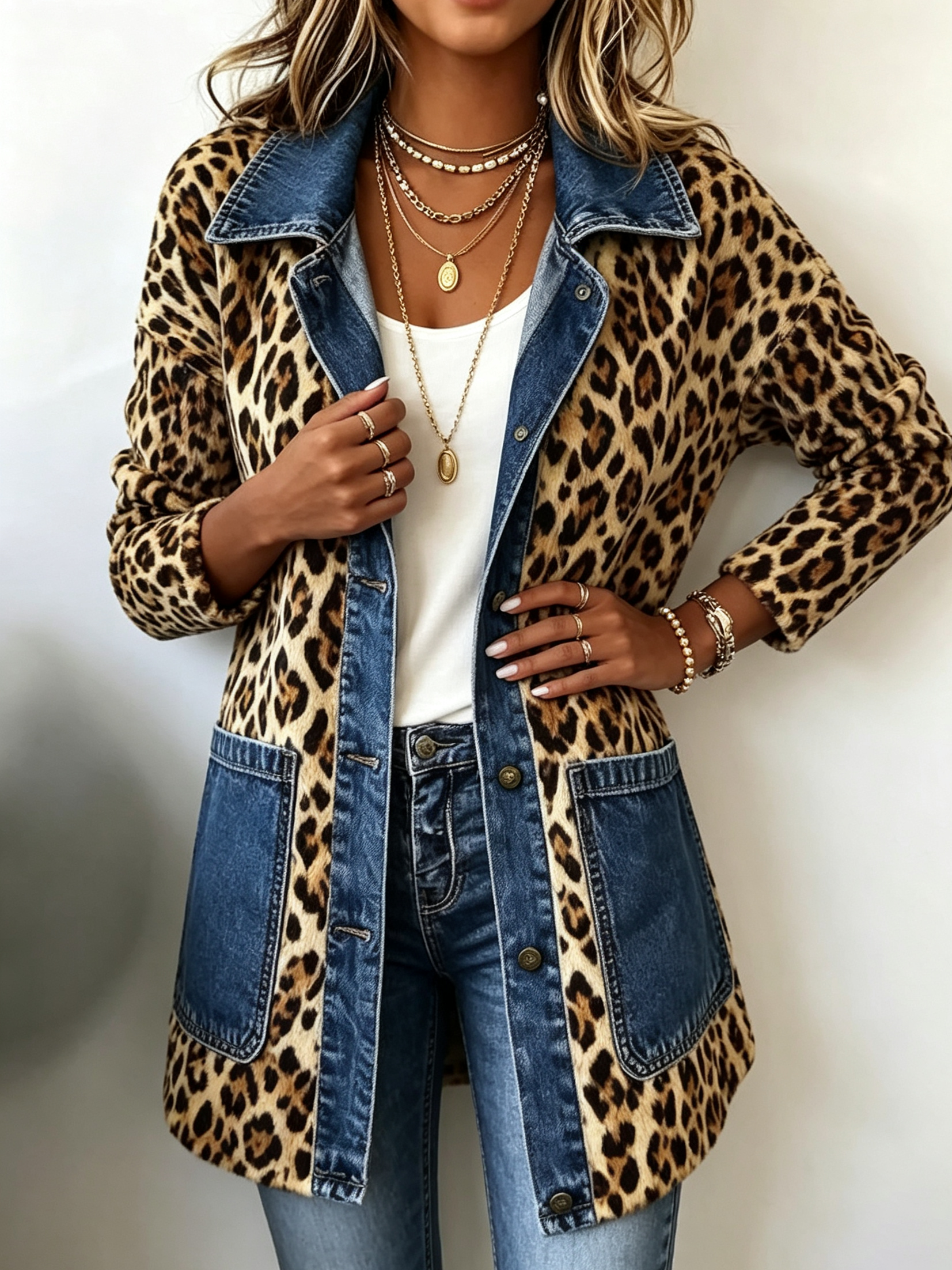 Leopard-print long denim jacket with blue front panels and flap chest pockets