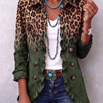 Ombre leopard-print ruffle blazer with deep green panels, button front, and ruffled hem