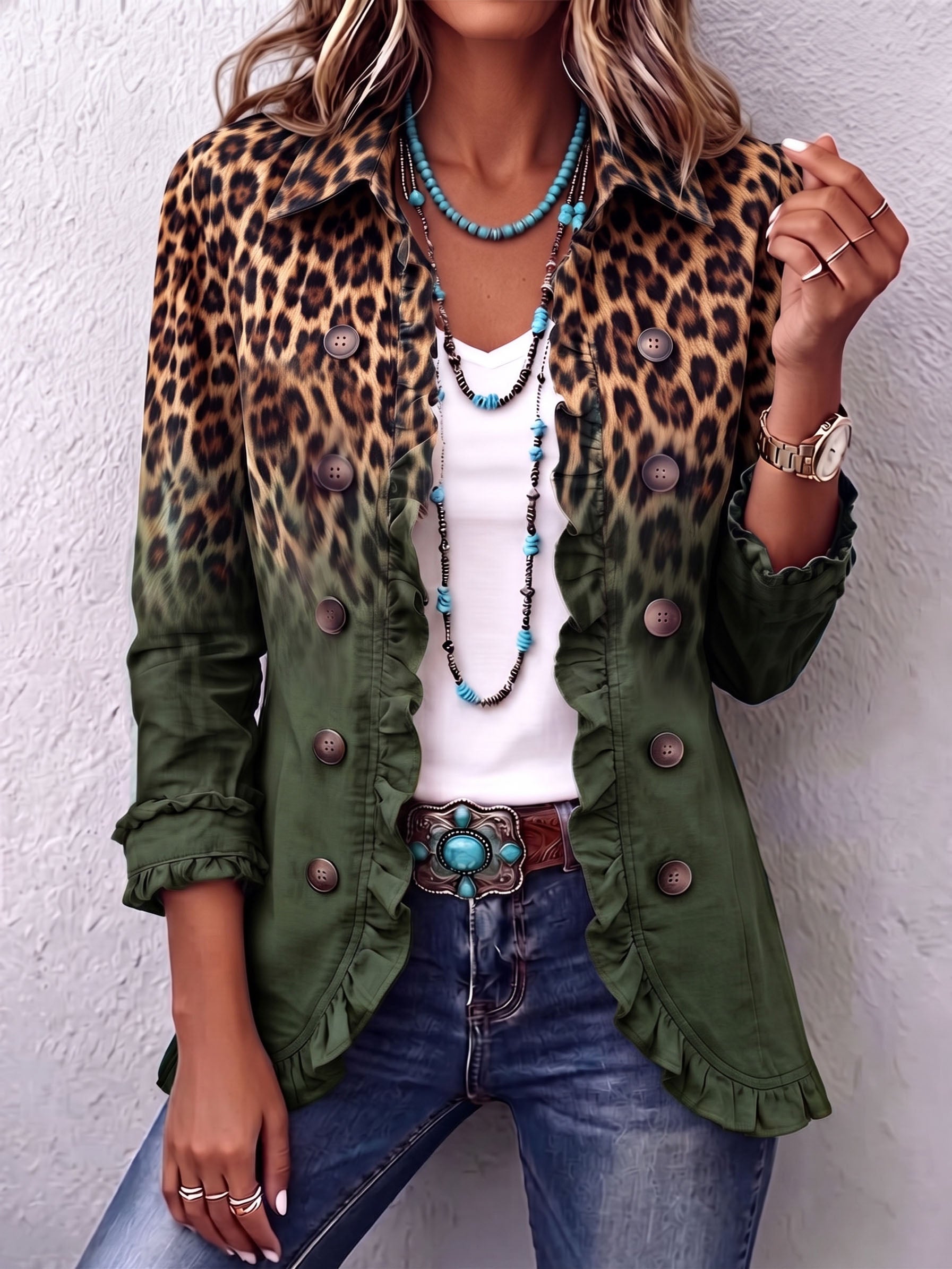 Ombre leopard-print ruffle blazer with deep green panels, button front, and ruffled hem