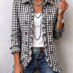 Black and white gingham blazer with ruffled front, button details, long sleeves