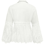 White jacket back with lace panel and sheer lace cuffs on bell sleeves