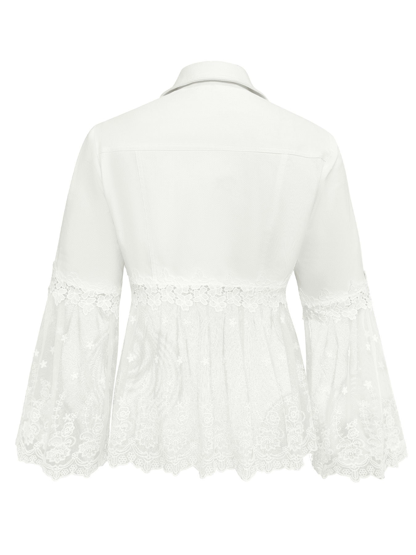 White jacket back with lace panel and sheer lace cuffs on bell sleeves