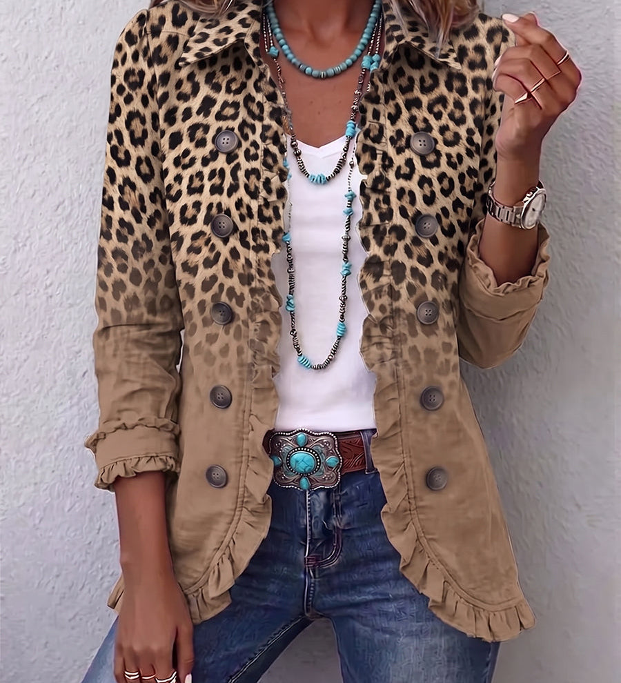 Leopard-print vintage button-front jacket with tan sleeves, button cuffs, and short ruffle collar
