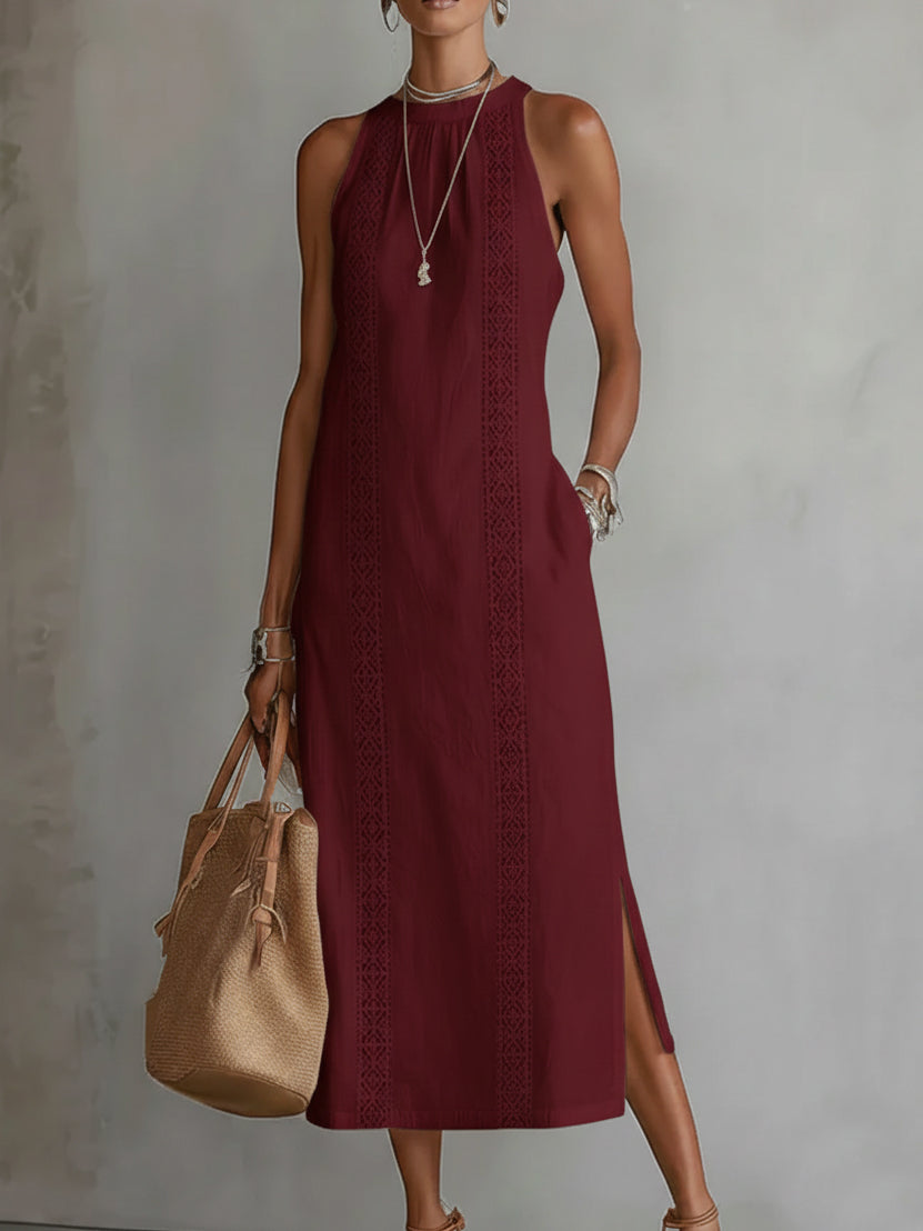 Jimena sleeveless midi dress in burgundy with lace trim and side slit hem