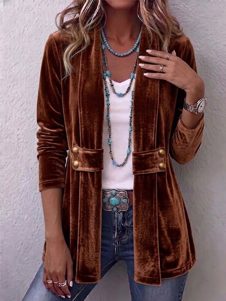 Velvet open-front long-sleeve jacket, dark brown with gold snap buttons and flap pockets.