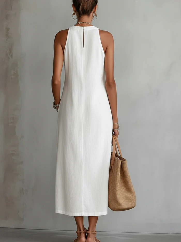 Jimena white sleeveless midi dress, open back keyhole with split hem on sides