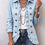 Light blue gingham blazer with ruffled front, button details, long sleeves