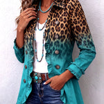 Leopard-print ombre ruffle blazer with teal gradient sleeves and button front, ruffled hem
