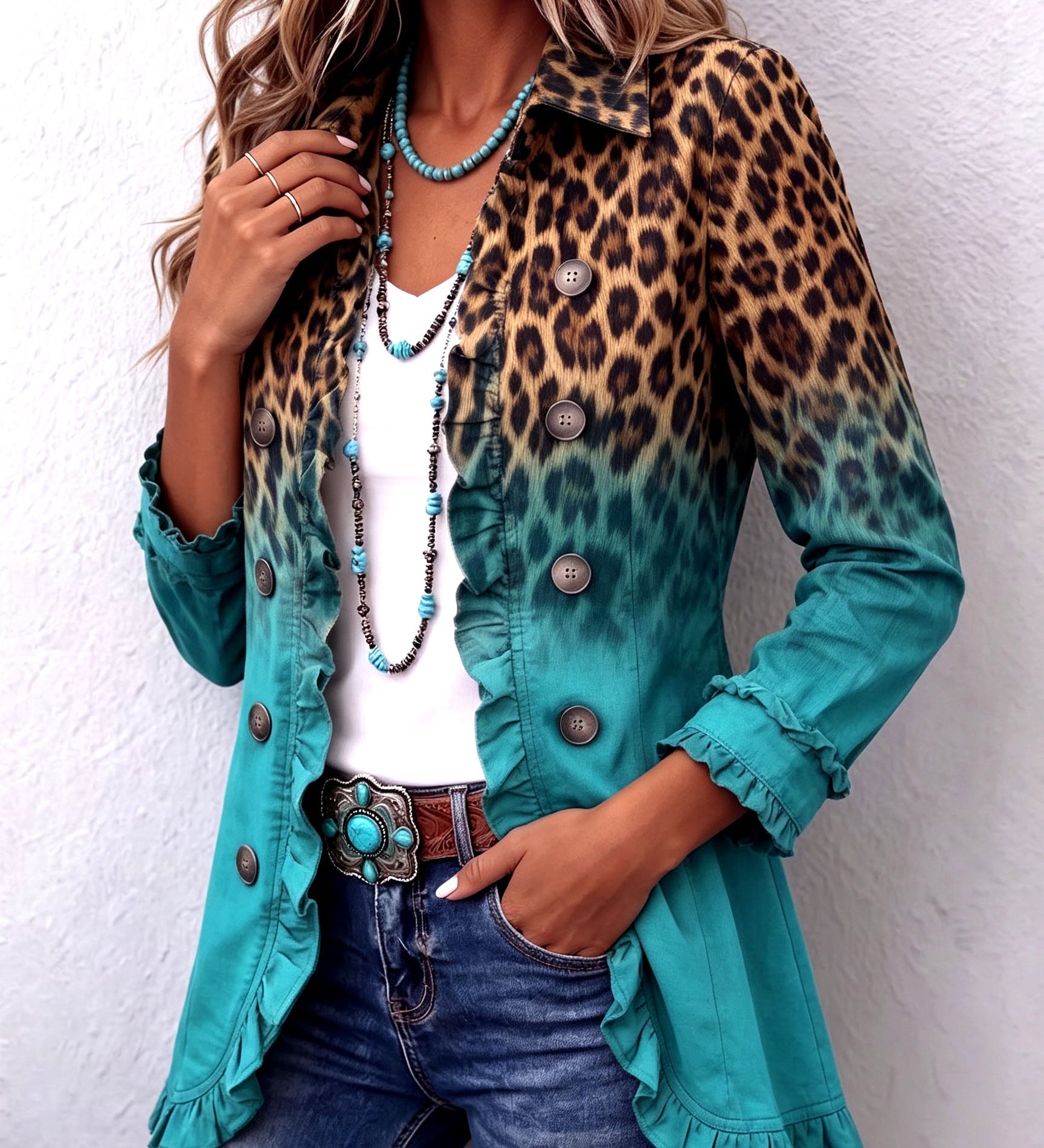 Leopard-print ombre ruffle blazer with teal gradient sleeves and button front, ruffled hem