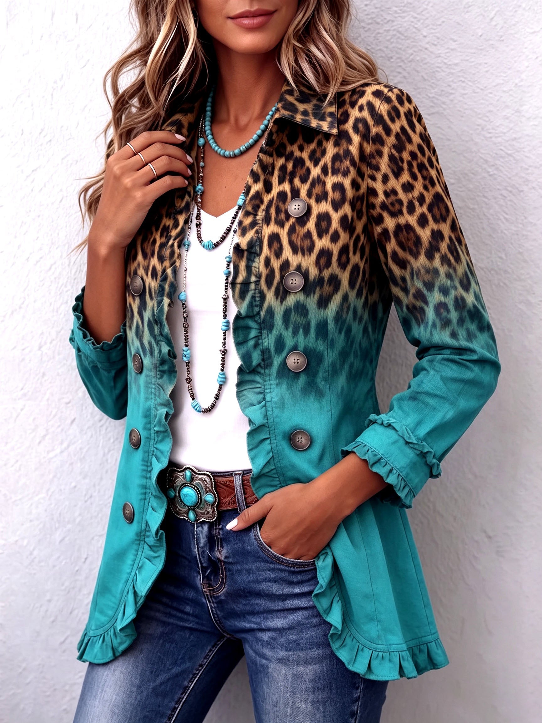 Leopard-print ombre ruffle blazer with teal gradient sleeves and button front, ruffled hem