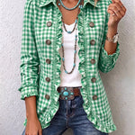 Green gingham blazer with ruffled front, button details, long sleeves