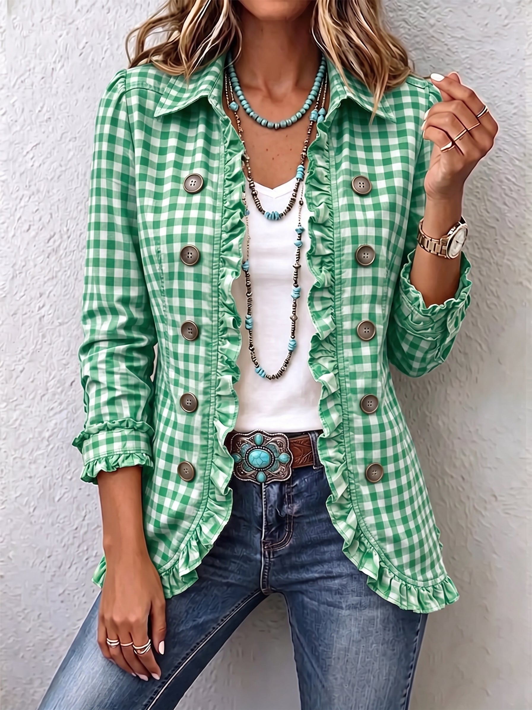 Green gingham blazer with ruffled front, button details, long sleeves