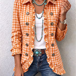 Orange gingham blazer with ruffled front, button details, long sleeves