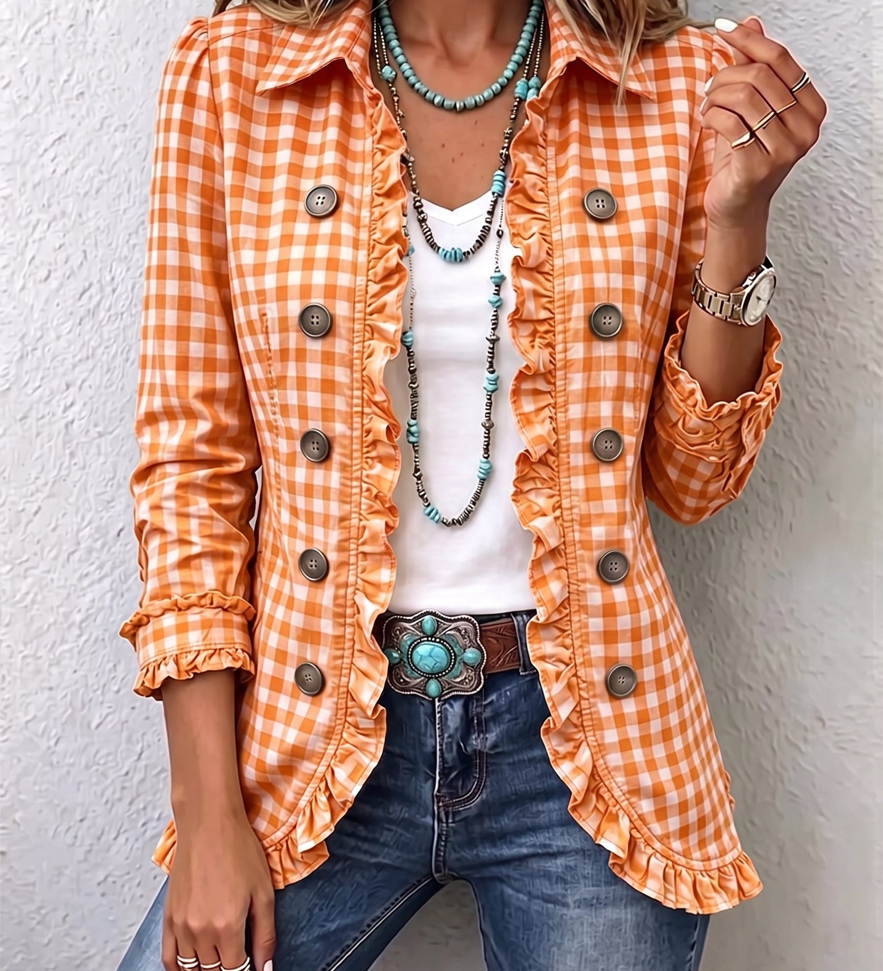 Orange gingham blazer with ruffled front, button details, long sleeves