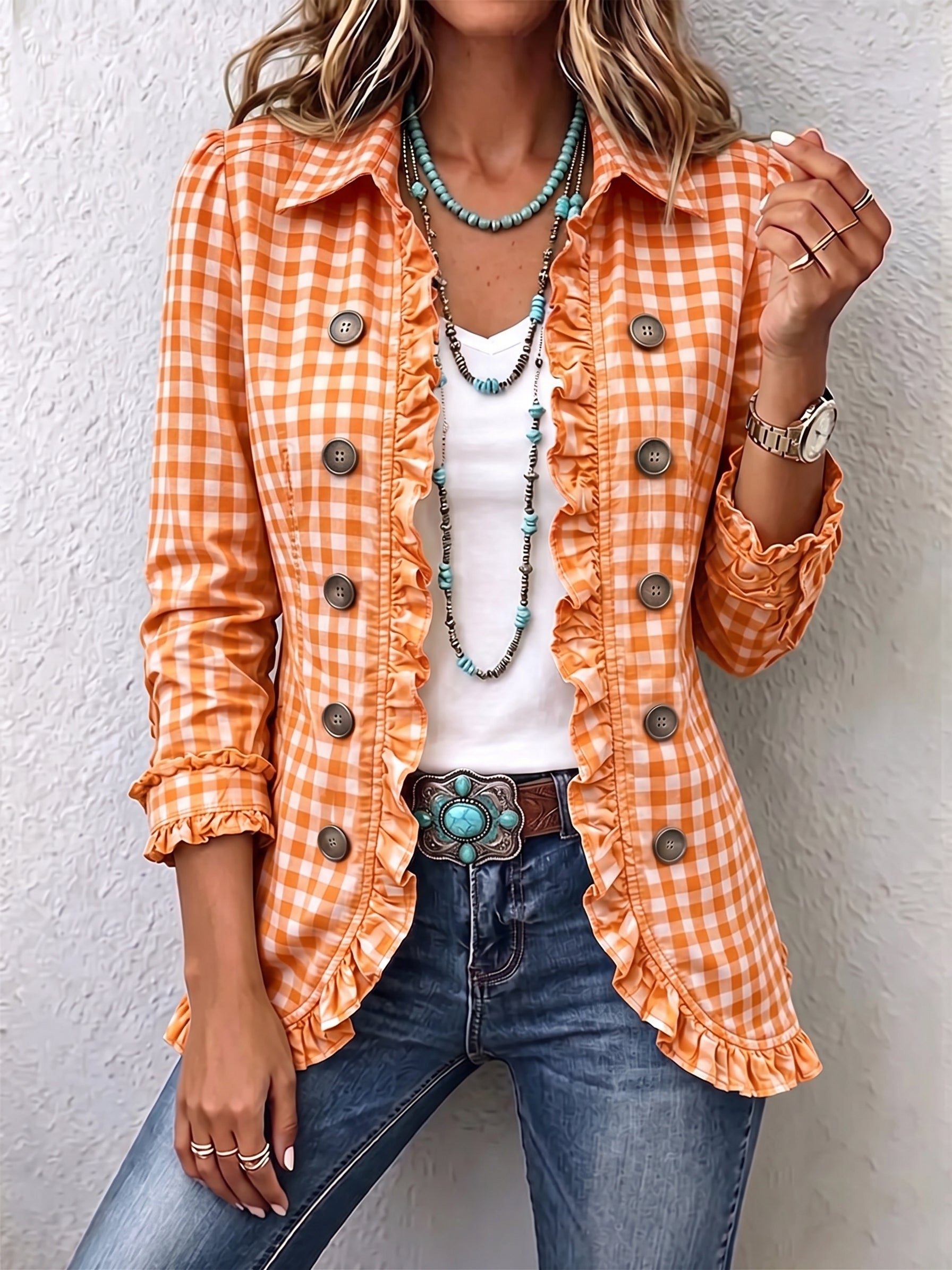 Orange gingham blazer with ruffled front, button details, long sleeves