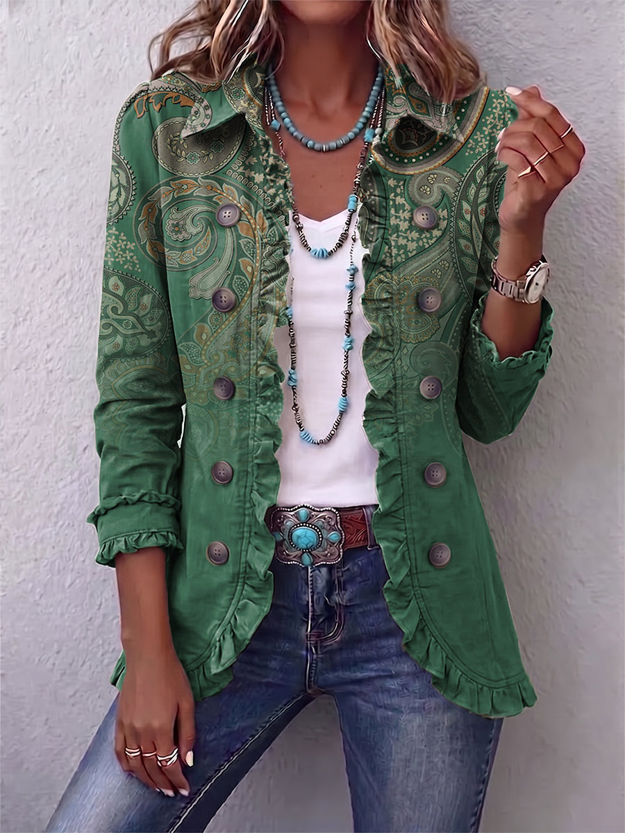 Women's green pleated button-front jacket with paisley print, 3/4 sleeves
