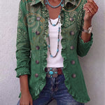 Women's green pleated button-front jacket with paisley print, 3/4 sleeves