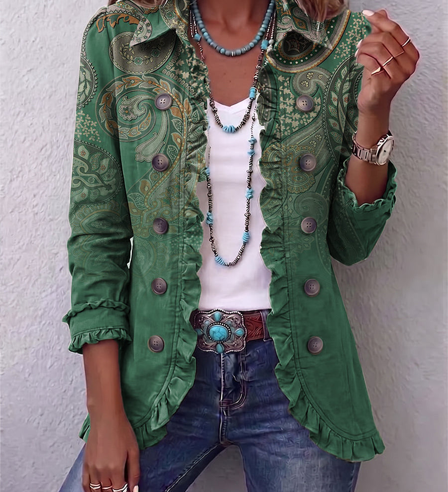 Women's green pleated button-front jacket with paisley print, 3/4 sleeves