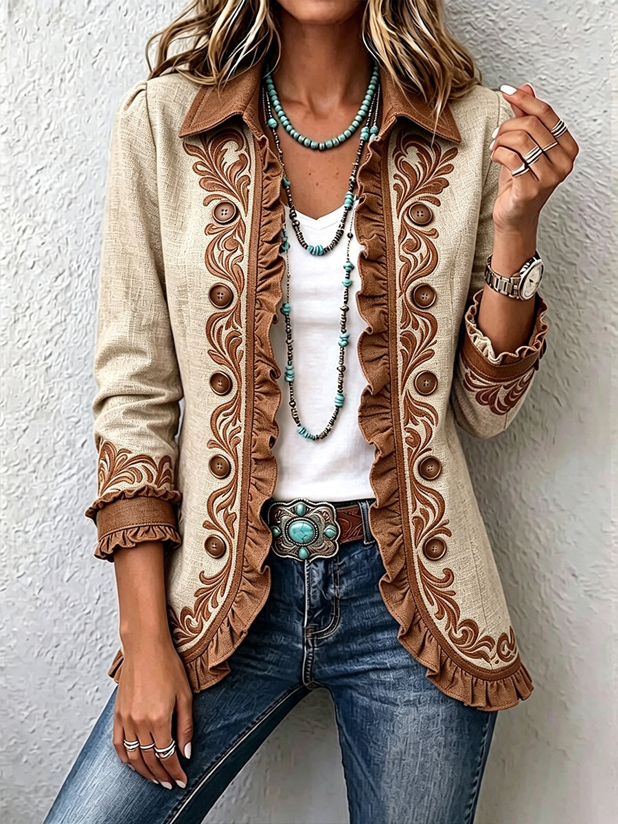 Beige vintage boho jacket with brown embroidered trim, button front, long sleeves