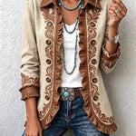 Beige vintage boho jacket with brown embroidered trim, button front, long sleeves