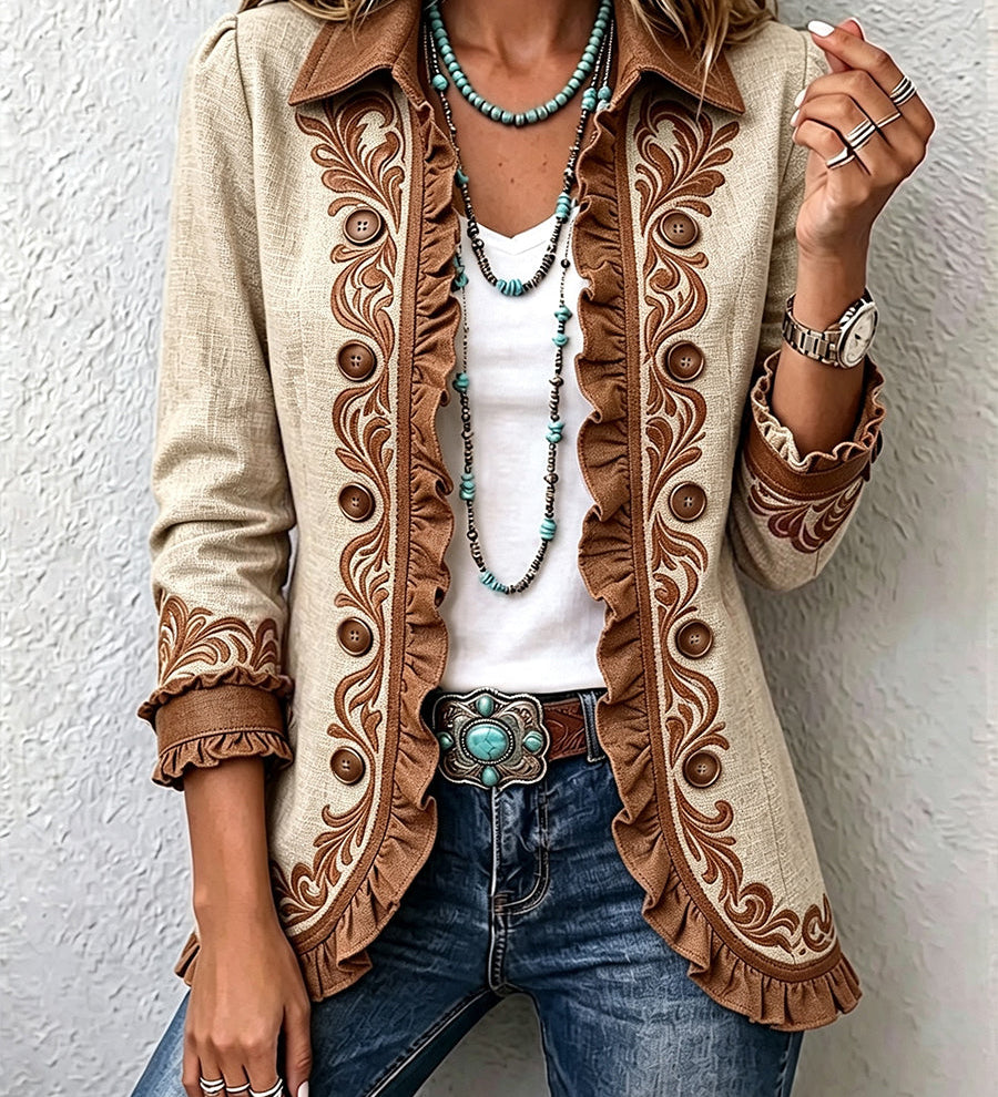 Beige vintage boho jacket with brown embroidered trim, button front, long sleeves