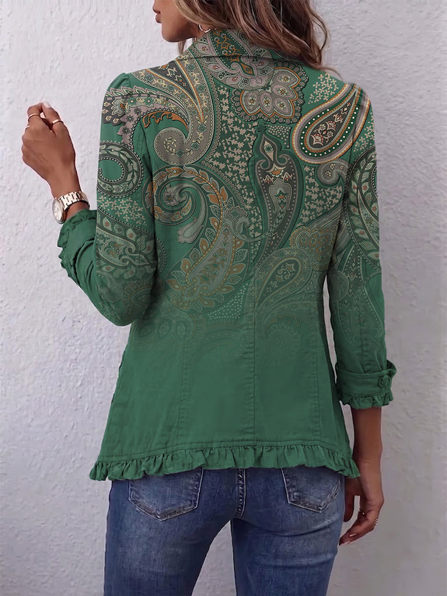 Women's green button jacket with paisley print on back, ruffled hem and cuffs