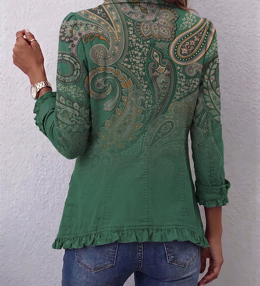 Women's green button jacket with paisley print on back, ruffled hem and cuffs