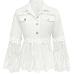 White button-front jacket with lace yoke panel and scalloped lace cuffs