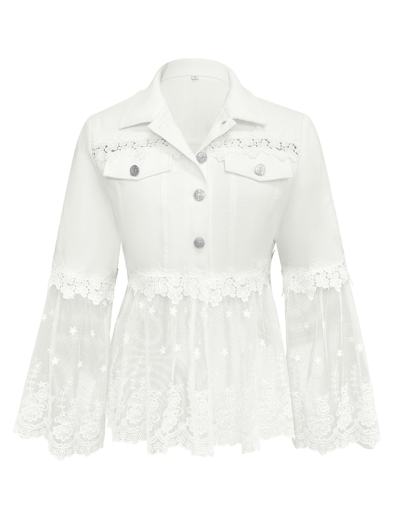 White button-front jacket with lace yoke panel and scalloped lace cuffs