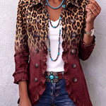 Ombre leopard-print ruffle blazer with burgundy panels, button front, and ruffled cuffs
