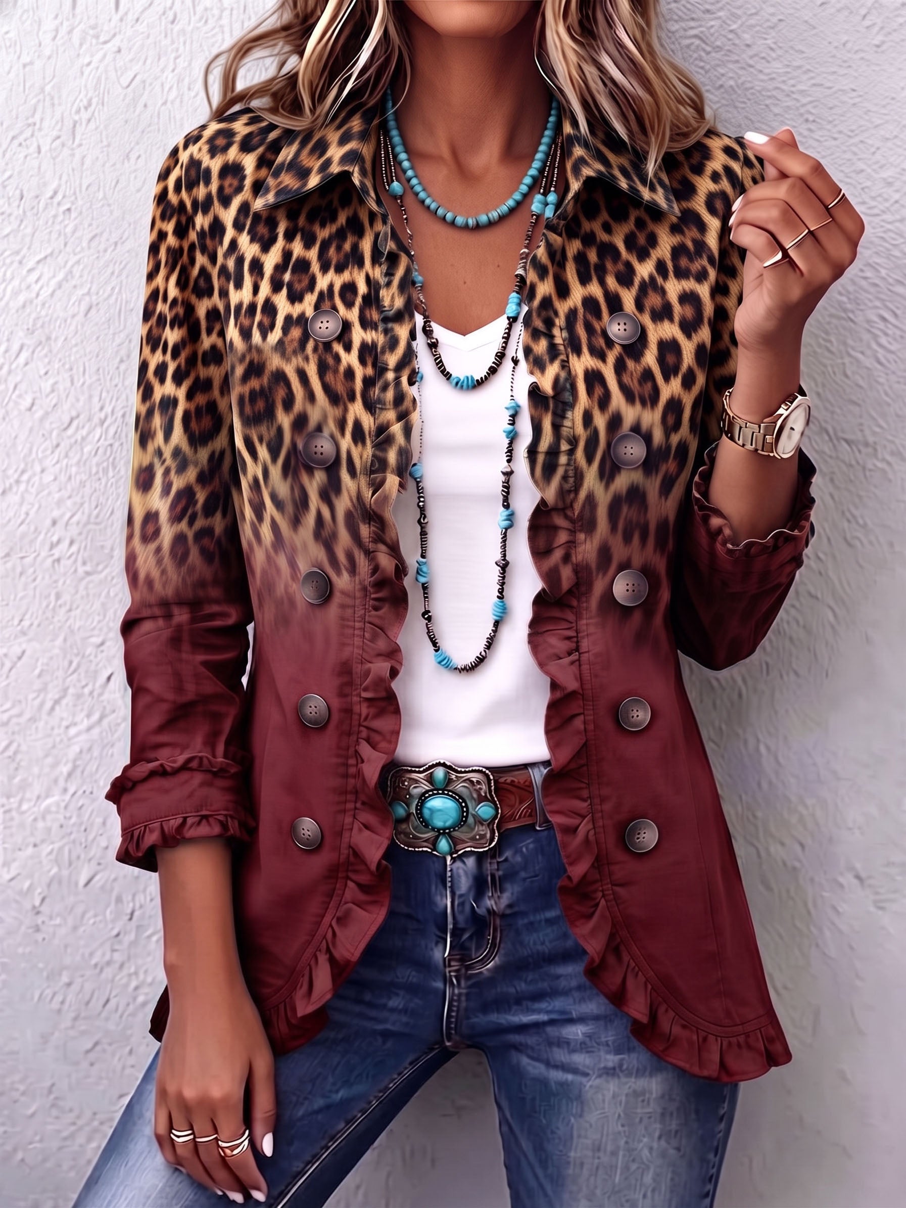Ombre leopard-print ruffle blazer with burgundy panels, button front, and ruffled cuffs