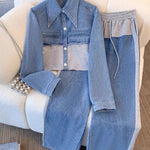 Light-wash denim cropped jacket set with beige paneling and wide-leg drawstring pants