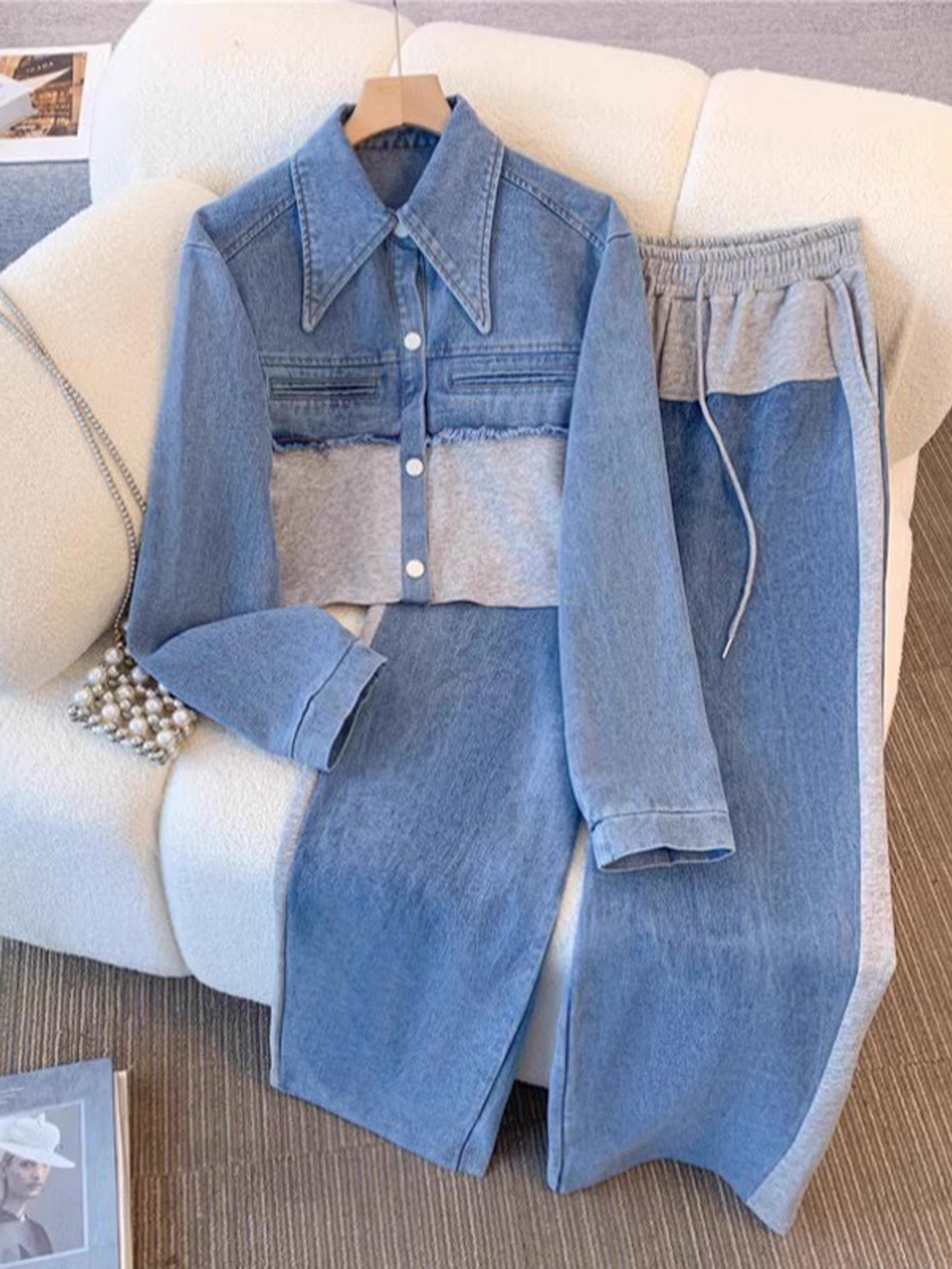 Light-wash denim cropped jacket set with beige paneling and wide-leg drawstring pants