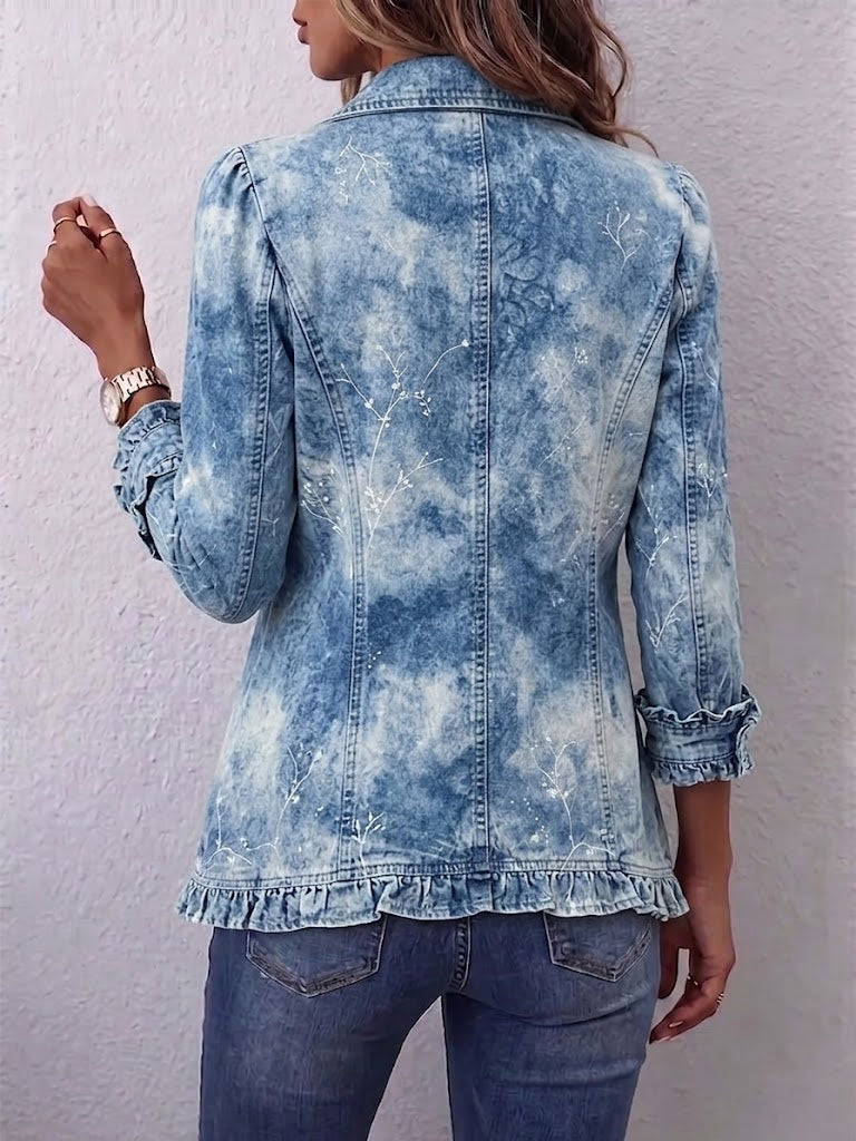 Blue distressed denim jacket back view with button placket and cuffed ruffle hem