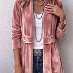 Velvet open-front long-sleeve jacket, dusty rose pink with gold snap buttons and flap pockets.