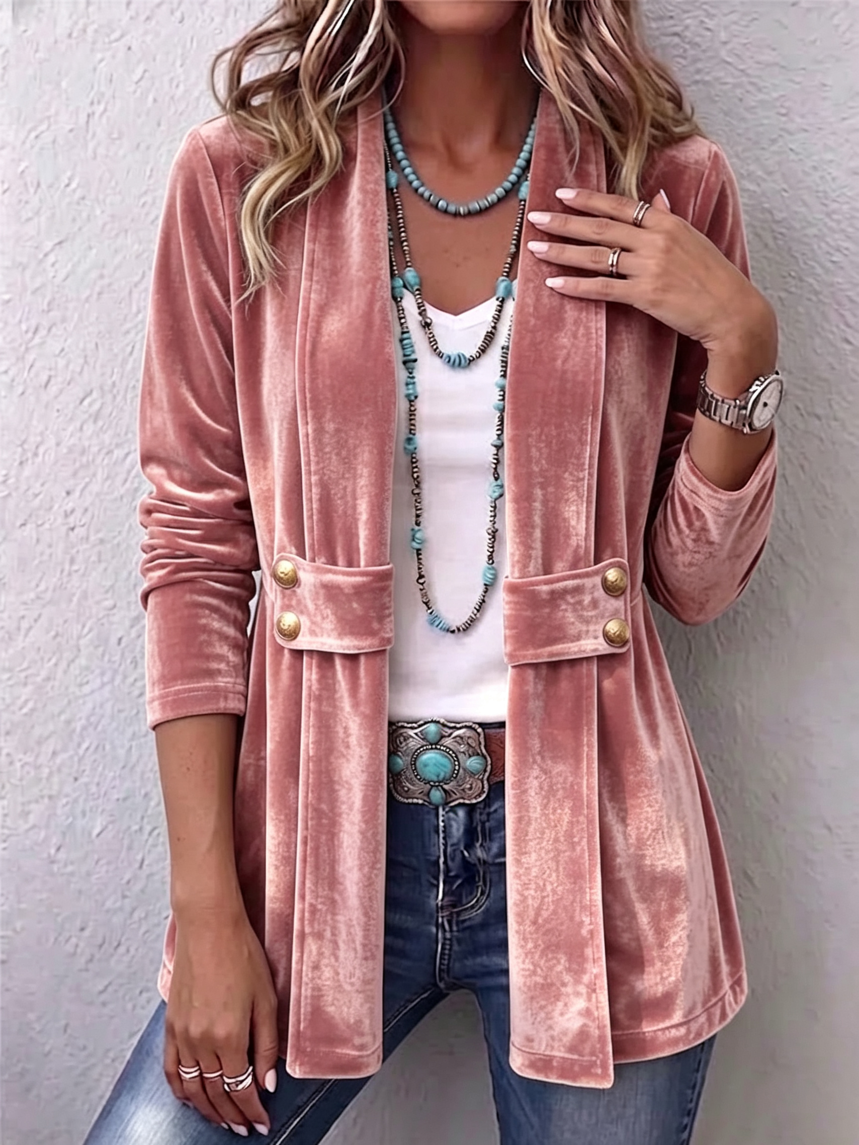 Velvet open-front long-sleeve jacket, dusty rose pink with gold snap buttons and flap pockets.