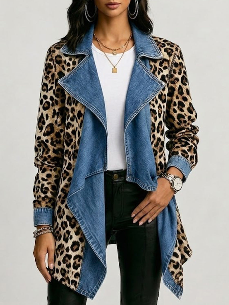 Leopard-print denim jacket with washed blue front panel, open draped design