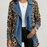 Leopard-print denim jacket with washed blue front panel, open draped design