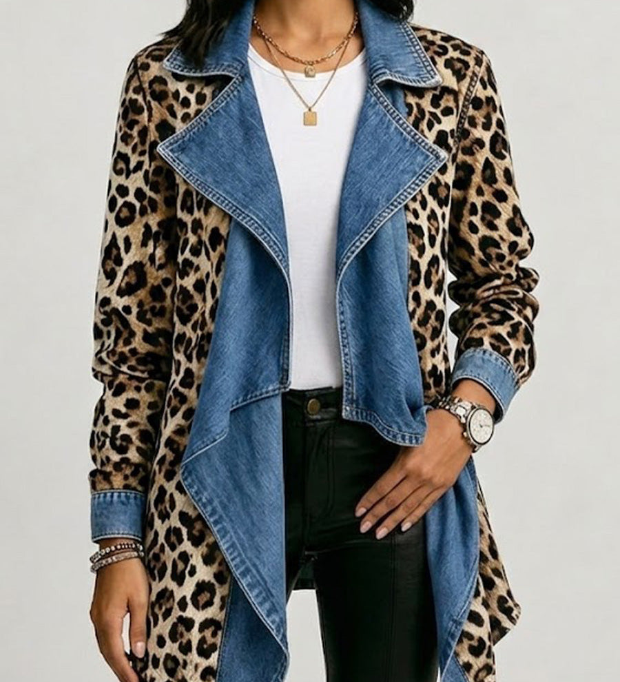 Leopard-print denim jacket with washed blue front panel, open draped design