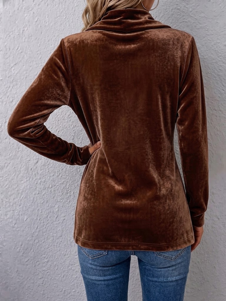 Velvet open-back long-sleeve jacket, dark brown with seam detailing and smooth finish.