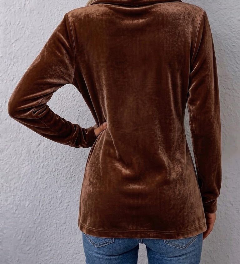 Velvet open-back long-sleeve jacket, dark brown with seam detailing and smooth finish.
