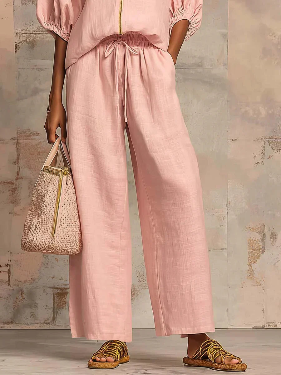 Pink wide-leg linen-look pants with drawstring waist and side pockets, paired set