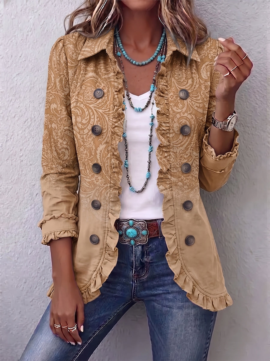 Women's khaki western patterned ruched jacket with button front and gathered cuffs