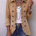 Women's khaki western patterned ruched jacket with button front and gathered cuffs