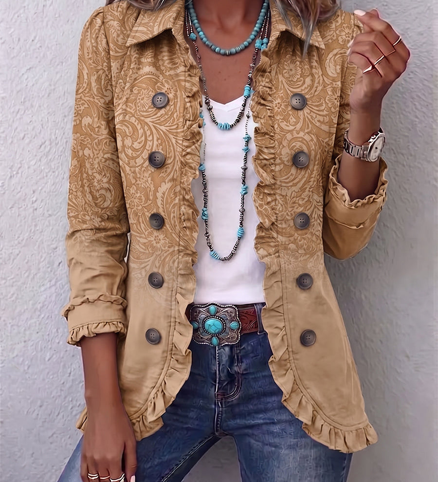 Women's khaki western patterned ruched jacket with button front and gathered cuffs