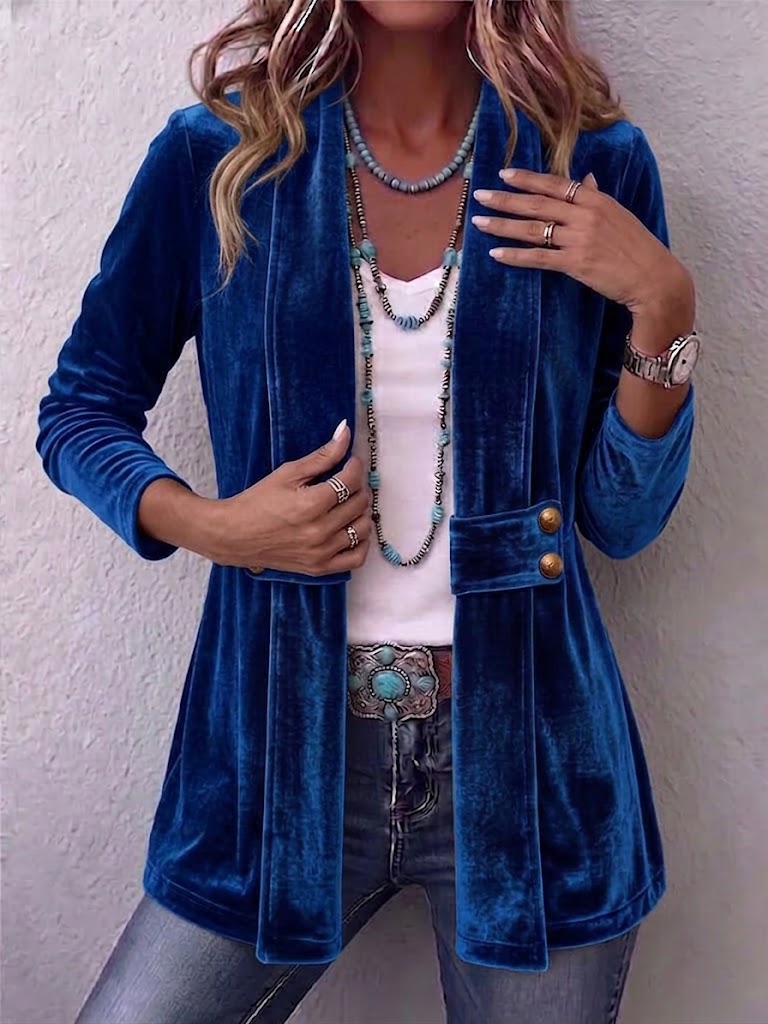 Velvet open-front long-sleeve jacket, royal blue with gold snap buttons and flap pockets.