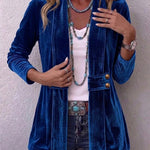 Velvet open-front long-sleeve jacket, royal blue with gold snap buttons and flap pockets.